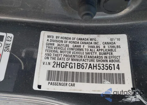2010 Honda Civic Lx from USA, damaged, VIN 2HGFG1B67AH535614